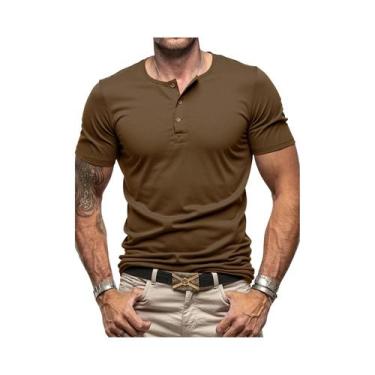 Imagem de Camiseta Masculina Slim Fit De Manga Curta Com Gola Henley, Cor Sólida