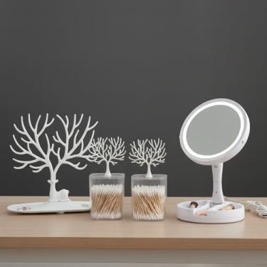 Imagem de Kit Espelho Facial com LED Articulável para Maquiagem Com Aumento 10x Dupla Face + Porta Joias Organizadora Árvore + Porta Algodão e Cotonete Acrílico com Tampa. (BRANCO)