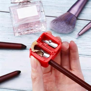 Imagem de 1 apontador de lápis cosmético de plástico de precisão de furo duplo com lâminas de metal para delineador de batom, delineador de sobrancelha, escola de viagem, vermelho