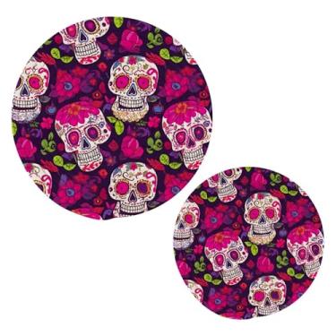 Imagem de Wassud Suportes de panela redondos de caveira de açúcar trivets de algodão almofadas quentes porta-copos elegantes decoração de cozinha e acessórios 2 peças