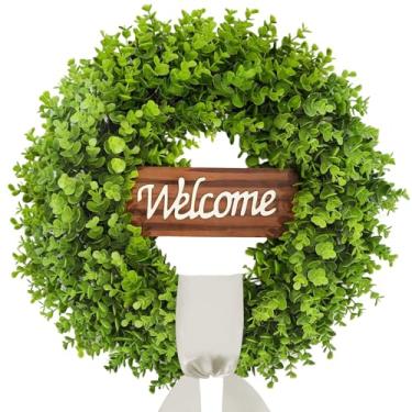 Imagem de Guirlanda de buxo para porta da frente, guirlanda de mola artificial de 50 cm com guirlanda de sinal de boas-vindas para porta da frente, casa de fazenda, casamento, verde o ano todo para ambientes