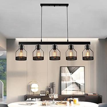 Imagem de Luminária pendente de ferro estilo vintage industrial com 5 lâmpadas E27, altura ajustável, ideal para sala de jantar, quarto, sala de estar, restaurante, clube ou café. Cor preta.