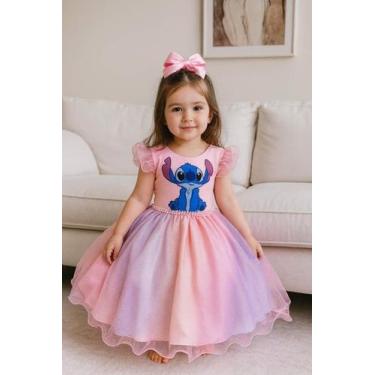 Imagem de Vestido Infantil Lilo Stitch e Angel Rosa Saia Colorida - Mali Modinha
