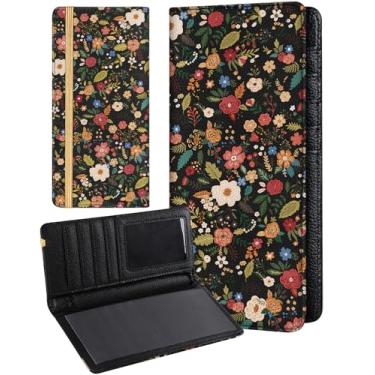 Imagem de Slohif Capa feminina para talão de cheques pessoais duplicados - porta-carteira para livro de cheques, flores pretas, lágrima lateral superior, Flores pretas