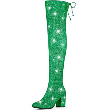 Imagem de Allegra K Botas femininas de bico redondo com glitter e salto grosso acima do joelho, Verde, 40