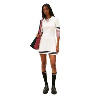 Imagem de Tommy Jeans Minivestido polo feminino de manga curta com logotipo bordado, Branco antigo, GG