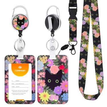 Imagem de Porta-crachá de identificação com clipe retrátil e cordão lindo chaveiro de flor de gato preto para professores de enfermagem, estudantes, funcionários de escritório (C)