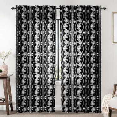 Imagem de Cortinas pretas e brancas de 213 cm de comprimento para sala de estar, quarto, 2 painéis, vintage, floral, boho, botânica, semitransparentes, estampa de folhas de fazenda, design de janela, 132 cm de