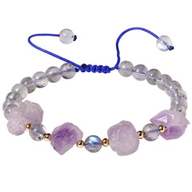 Imagem de Jewever Pulseiras genuínas de ametista/pedra da lua, irregulares, cristais crus para mulheres, amor espiritual Reiki positivo, energia positiva, cristais de cura ajustáveis