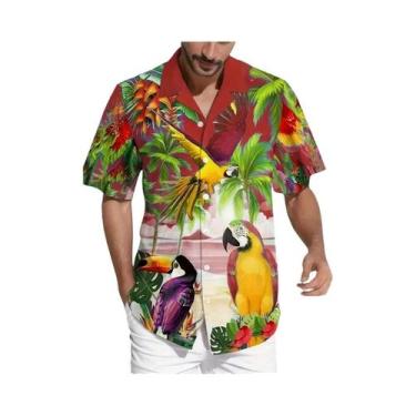 Imagem de Camisa Havaiana Masculina Com Estampa Vibrante De Papagaio E Flores, C