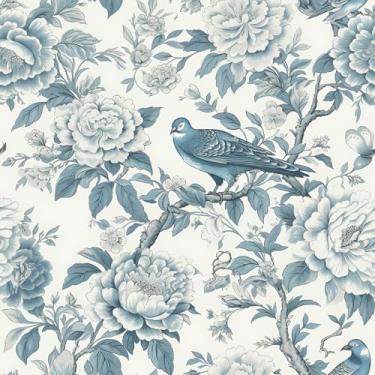 Imagem de VEELIKE Papel de parede azul e branco de pássaro chinoiserie descasque e cole peônias vintage papel de parede floral para quarto banheiro 48 cm x 890 cm papel de parede floral azul autoadesivo