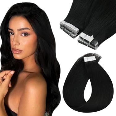 Imagem de Sunny Hair Extensões de cabelo humano com fita adesiva extensões de cabelo humano de 35,5 cm, fita de cabelo humano real em extensões para mulheres, cabelo virgem preto liso, natural, trama de pele