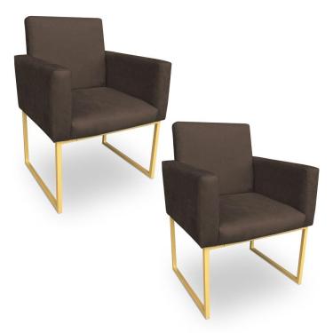 Imagem de Kit 2 Poltronas Decorativa Nina Suede Marrom Base Metálica Industrial Dourado - Pallazio