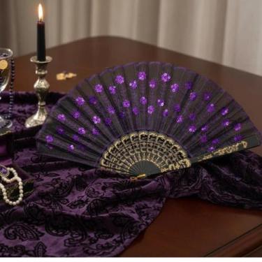 Imagem de Leque De Mão Luxo Festa Dança Carnaval Gueixa Medio Em Estilo Glitter 