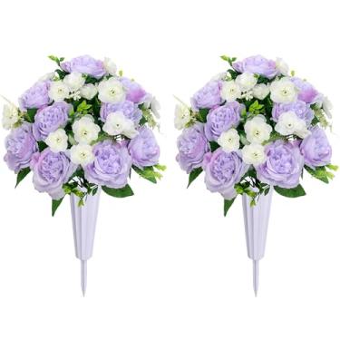 Imagem de LOSFOTBO Flores artificiais de cemitério com vaso – Conjunto de 2 buquês de peônia e vasos memoriais para decoração ao lado do túmulo, flores realistas para decoração de lápides (roxo branco)