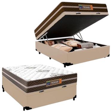 Imagem de Cama Box Baú Casal Sintético + Colchão Molas Ensacadas Texas Colchões 138cm Bege - Suporta Até 120 Kg Por Pessoa