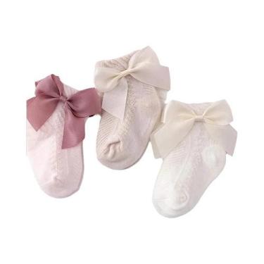 Imagem de Meias de Algodão para Bebê - 3 Pares com Laço - Respiráveis e Macias, 