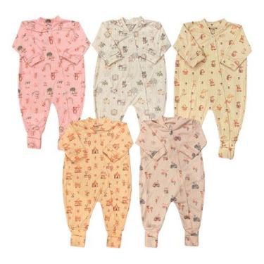 Imagem de Kit 5 Macacão Bebê Menina F Agulha Estampado Vira Pé Alyaht -, Multico