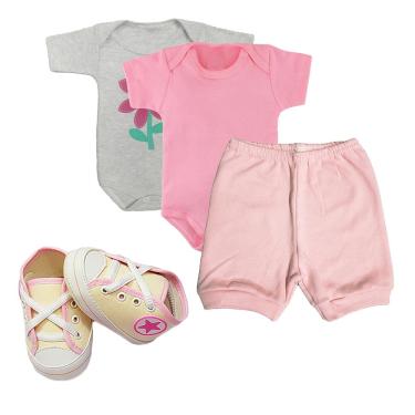 Imagem de Kit Roupa de Bebê 4 Peças Body e Short e Sapatinho Look Bebê