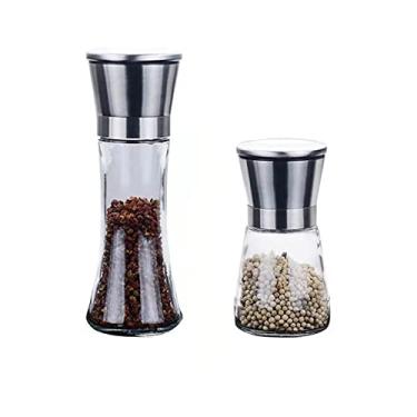 Imagem de LochCherry Conjunto de moedor de sal e pimenta de aço inoxidável, espessura ajustável, com tampa para mais higiene, 19,3 cm e 13,4 cm (1high1short)