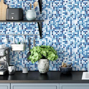 Imagem de Papel De Parede Vinílico Pastilhas Tons Azul E Branco Cozinha Banheiro