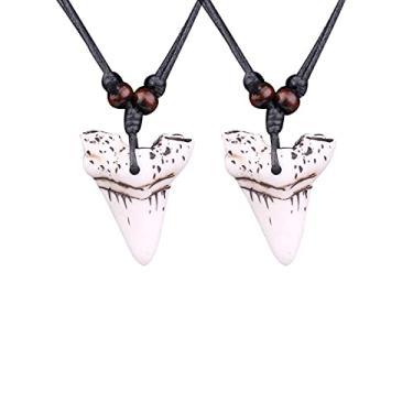 Imagem de COLORFUL BLING 2 peças, cordão de corda ajustável, colar de dente de tubarão, contas de surfista havaiano resina esculpida pingente joia de praia para homens menino, Resina, resina