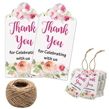 Imagem de Etiquetas de agradecimento floral por celebrar conosco 100 peças de etiquetas brancas de agradecimento para lembrancinhas de casamento, lembrancinhas de festa de chá de bebê, etiquetas de presente de