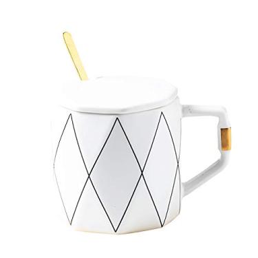 Imagem de seelucky Caneca branca com tampa de colher estilo nórdico xícara de café de cerâmica xícara de chá copo de leite presente escritório casa (estilo minimalista branco, 400 ml)