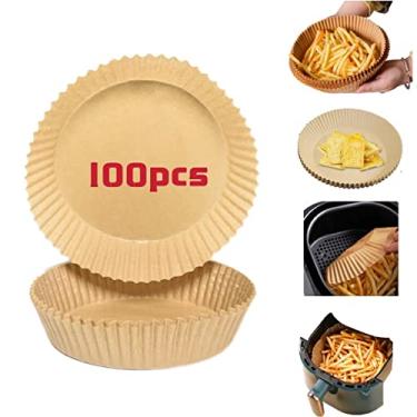 Imagem de Forro de papel descartável Air Fryer: 100 peças antiaderentes descartáveis para fritadeira a ar, papel para assar fritadeira a ar, à prova d'água, pergaminho de grau alimentício para assar micro-ondas