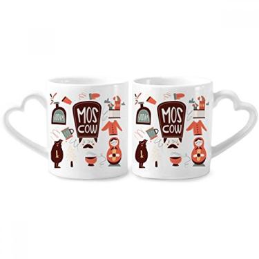 Imagem de Urso marrom Matreshkas Conjunto de canecas de porcelana para casal Cultura Rússia com alça de coração