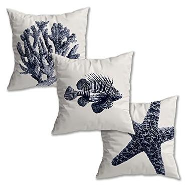 Imagem de Kit 3 Capas de Almofada Nautica Suede Ziper Invisível (Azul Coral + Peixe + Estrela - 45 x 45cm)