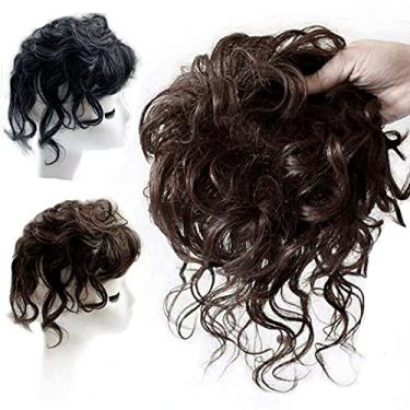 Imagem de N/H Toupee Curto Curto 100% Cabelo Humano Real Encaracolado Fofo Top Grampo de Peruca com Franja para Mulheres 25,4 cm Preto