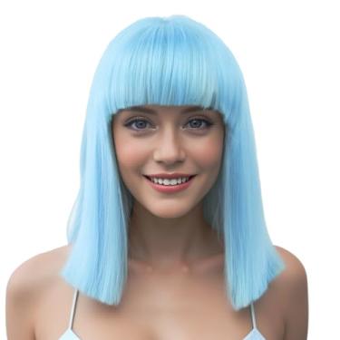 Imagem de IMISSU Peruca cosplay de cabelo curto corte natural com franja reta fantasia de festa de Halloween perucas para mulheres (Céu azul)