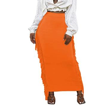 Imagem de Lrady Saia Feminina Lápis Longa de Cintura Elástica Justa com Borlas Laterais, Laranja, M