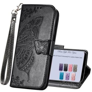 Imagem de HAOTP Capa carteira para celular Samsung Galaxy A15 5G, capa flip feminina, porta-cartões de crédito em relevo, borboleta, flor, bolsa de couro PU, alça de pulso, suporte para Samsung Galaxy A15 5G