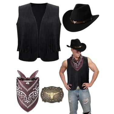Imagem de Toulite 4 peças de roupas ocidentais masculinas caubói borla colete chapéu fivela cinto bandana Paisley para cosplay de Halloween, Preto, preto, café, GG