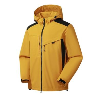 Imagem de Jaqueta masculina leve corta-vento Rip Stop capa de chuva casaco com capuz e cores contrastantes, Amarelo, XXG
