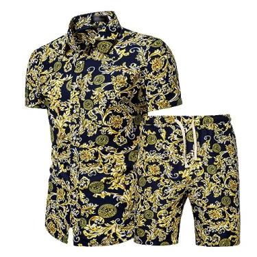 Imagem de Conjunto de shorts havaianos com estampa tropical masculina, 2 peças, camisetas polo atléticas com ombro caído, Cor 2, 4X-Large