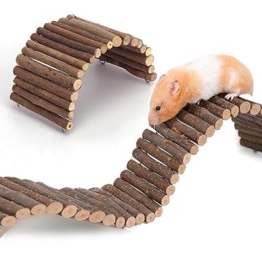 Imagem de Escada de madeira natural para hamster, ratos, ratos, porquinho-da-índia, chinchila, furão, réptil, gaiola de animais pequenos, brinquedo de esconderijo de madeira (2 pontes 51 cm e 18 cm)