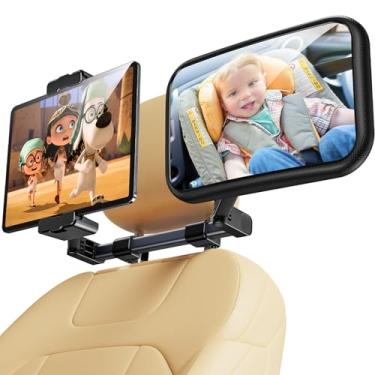 Imagem de TAZENI Espelho de carro para bebê, espelho de carro 2 em 1 para bebê com suporte de tablet para encosto de cabeça de carro, espelho de bebê seguro para carro, clareza original para suporte de iPad