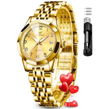 Imagem de OLEVS Relógio feminino moderno com diamante para mulheres, analógico, quartzo, aço inoxidável, à prova d'água, luminoso, dia, data, dois tons, relógio de pulso, Dourado, Moderno