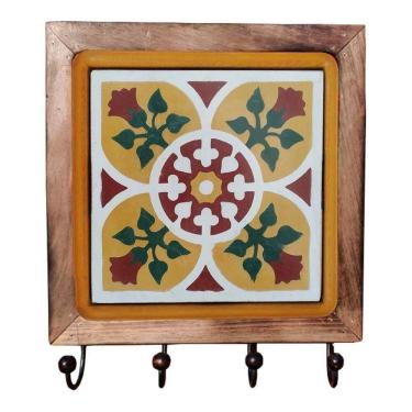 Imagem de Cabideiro Em Madeira Com Ladrilho Hidráulico Porta Chaves Roupas Bolsas Ladrilho B1