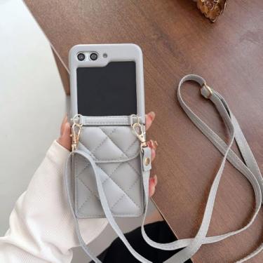 Imagem de Capa de telefone carteira de couro crossbody com suporte para cartão para Samsung Galaxy Z Flip 5 4 3 5G Flip5 Flip4 Flip3 5G capa macia, azul cinza, para Galaxy Z Flip 5