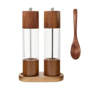Imagem de GENIEX Conjunto de moedores de sal e pimenta PRINCE, conjunto de bandeja e moedor de sal e pimenta de madeira de acácia, recarregável, grossura ajustável, moedor de sal e pimenta de 20 cm, ótimos