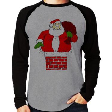 Imagem de Camiseta Raglan Papai Noel Chaminé Manga Longa - Foca na Moda, Cinza, 