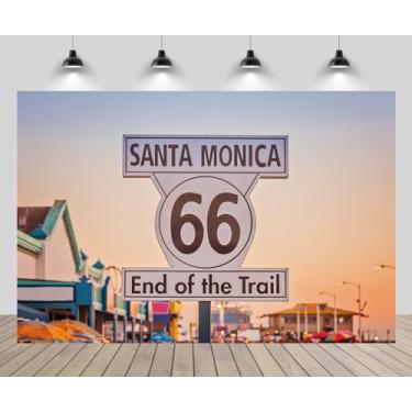 Imagem de CHNYWORK 2,1 m x 1,5 m rota 66 placa de fundo para fotografia histórica Santa Monica Califórnia fim da trilha pôr do sol fundo para América Route 66 tema viagem festa decoração photoshoot adereços