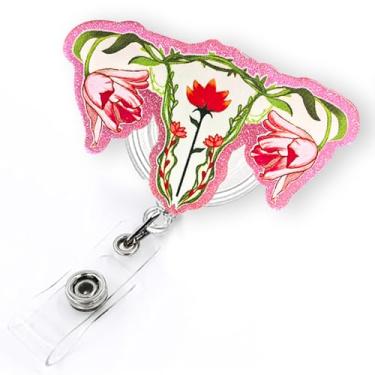 Imagem de Carretel de crachá de útero floral engraçado retrátil para enfermeira de parto e parto, carretel de crachá de obstetrícia/ginecologia, clipe de crachá de ginecologia com clipe jacaré e cordão de nylon