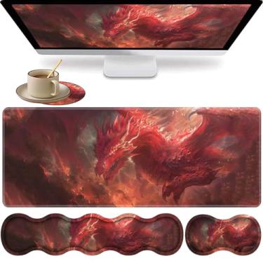 Imagem de Tapete de mesa grande para jogos XXL 80 cm x 30 cm, descanso de pulso ergonômico para teclado e mouse pad + conjunto de porta-copos, base antiderrapante, espuma de memória, escritório e casa, dragão