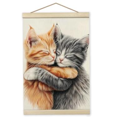Imagem de Giosve Decoração emoldurada de arte de parede de gato, 30 x 40 cm, arte de parede de pôster de gato fofo, arte de parede com impressão em tela de gato, moldura de madeira de gato, decoração de parede
