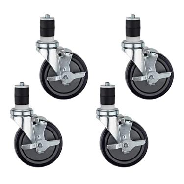 Imagem de DuraSteel Rodízio de haste expansível de 3,5 cm com freio lateral para mesas de trabalho de preparação de cozinha comercial - Roda de poliuretano de 12,7 cm/altura de montagem de 15 cm, 331 kg,